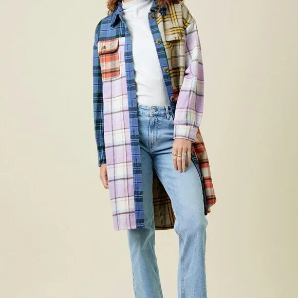 MYSTREE MIXED PLAID COLOR BLOCK LONG JACKET - Picture 6 of 7